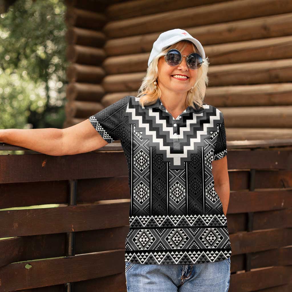 Black Taniko Aotearoa Women Polo Shirt Niho Taniwha Mix Poutama LT14