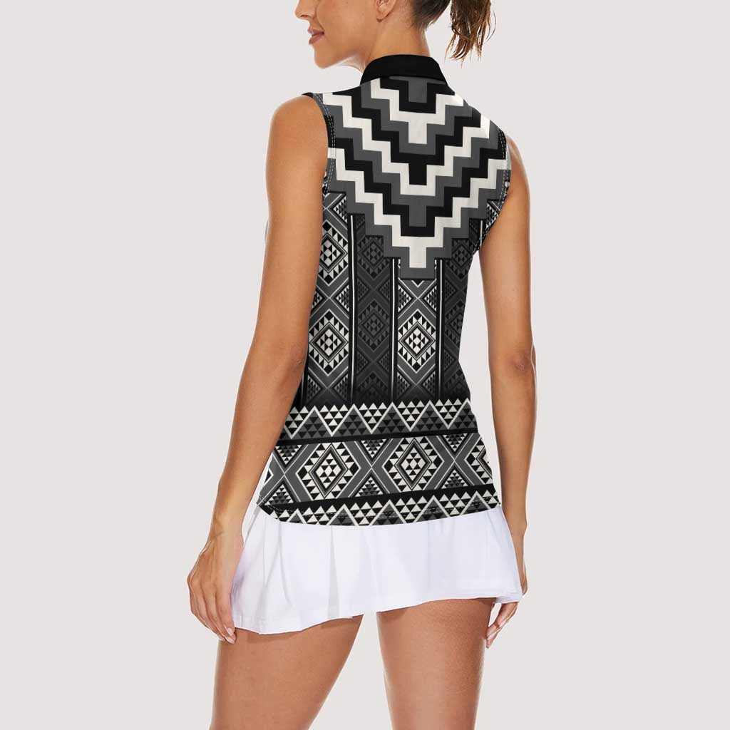 Black Taniko Aotearoa Women Sleeveless Polo Shirt Niho Taniwha Mix Poutama LT14