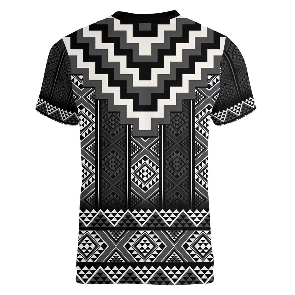Black Taniko Aotearoa Women V-Neck T-Shirt Niho Taniwha Mix Poutama LT14