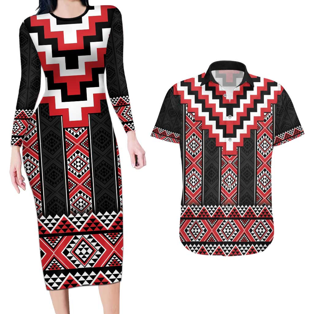 Red Taniko Aotearoa Couples Matching Long Sleeve Bodycon Dress and Hawaiian Shirt Niho Taniwha Mix Poutama LT14 Red - Polynesian Pride