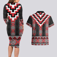 Red Taniko Aotearoa Couples Matching Long Sleeve Bodycon Dress and Hawaiian Shirt Niho Taniwha Mix Poutama LT14 - Polynesian Pride
