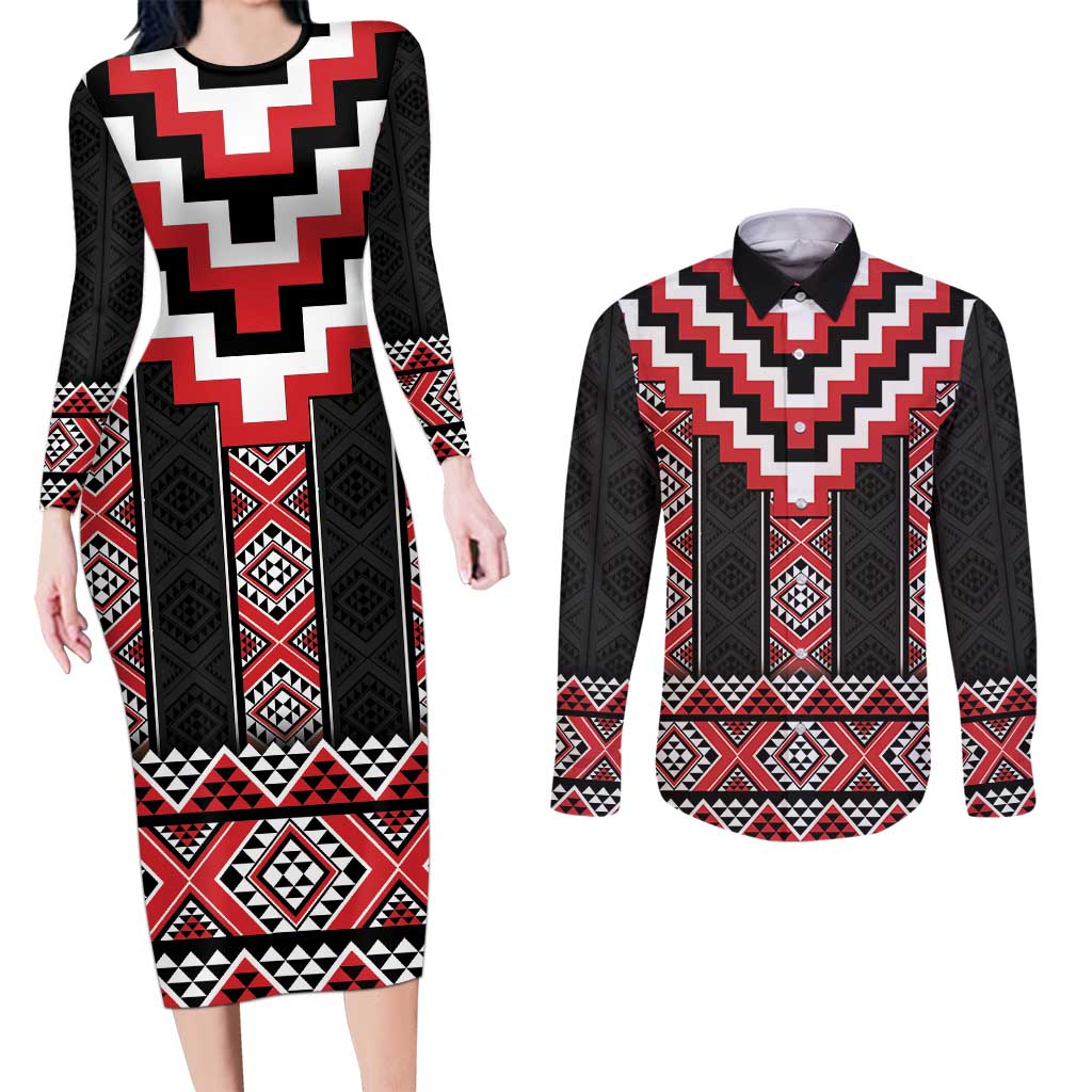 Red Taniko Aotearoa Couples Matching Long Sleeve Bodycon Dress and Long Sleeve Button Shirt Niho Taniwha Mix Poutama LT14 Red - Polynesian Pride