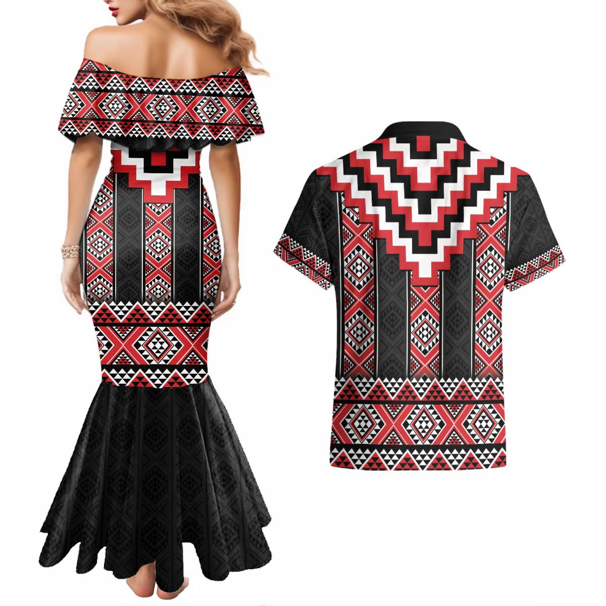 Red Taniko Aotearoa Couples Matching Mermaid Dress and Hawaiian Shirt Niho Taniwha Mix Poutama LT14 - Polynesian Pride