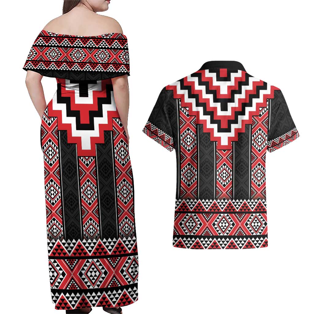 Red Taniko Aotearoa Couples Matching Off Shoulder Maxi Dress and Hawaiian Shirt Niho Taniwha Mix Poutama LT14 - Polynesian Pride