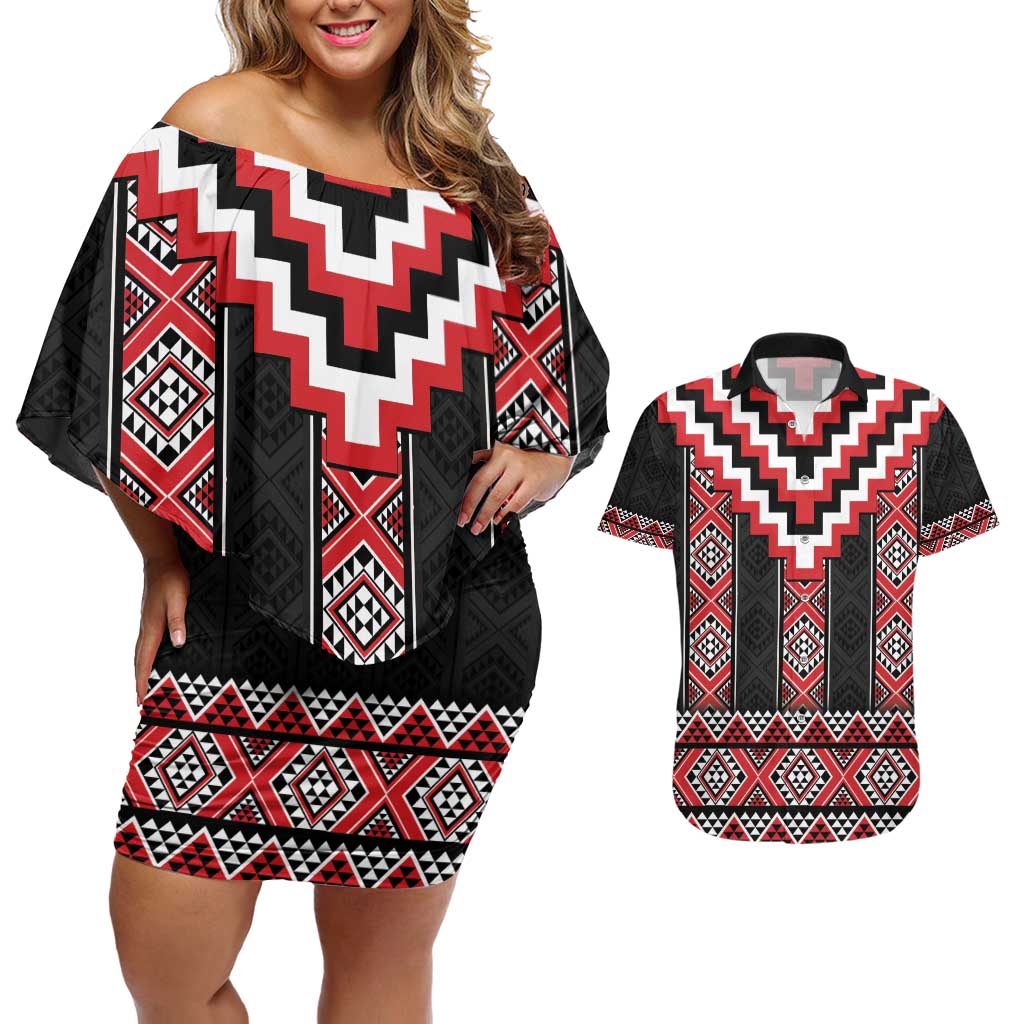 Red Taniko Aotearoa Couples Matching Off Shoulder Short Dress and Hawaiian Shirt Niho Taniwha Mix Poutama LT14 Red - Polynesian Pride