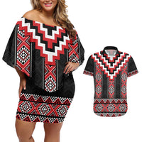 Red Taniko Aotearoa Couples Matching Off Shoulder Short Dress and Hawaiian Shirt Niho Taniwha Mix Poutama LT14 Red - Polynesian Pride