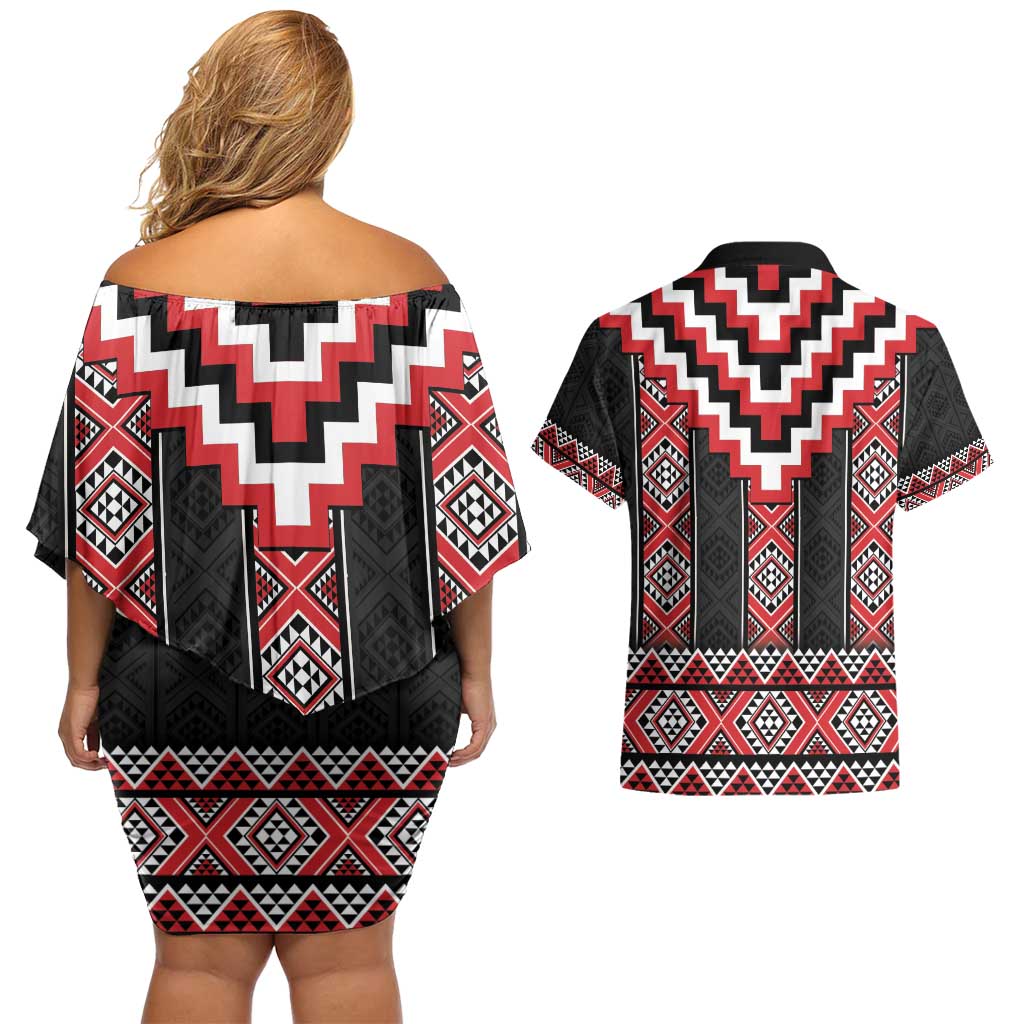 Red Taniko Aotearoa Couples Matching Off Shoulder Short Dress and Hawaiian Shirt Niho Taniwha Mix Poutama LT14 - Polynesian Pride