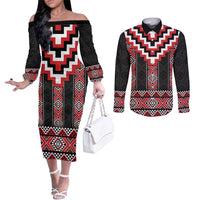 Red Taniko Aotearoa Couples Matching Off The Shoulder Long Sleeve Dress and Long Sleeve Button Shirt Niho Taniwha Mix Poutama LT14 Red - Polynesian Pride