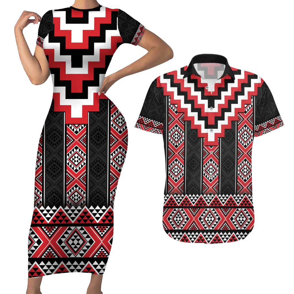 Red Taniko Aotearoa Couples Matching Short Sleeve Bodycon Dress and Hawaiian Shirt Niho Taniwha Mix Poutama LT14 Red - Polynesian Pride