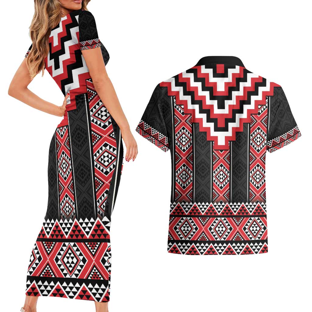Red Taniko Aotearoa Couples Matching Short Sleeve Bodycon Dress and Hawaiian Shirt Niho Taniwha Mix Poutama LT14 - Polynesian Pride
