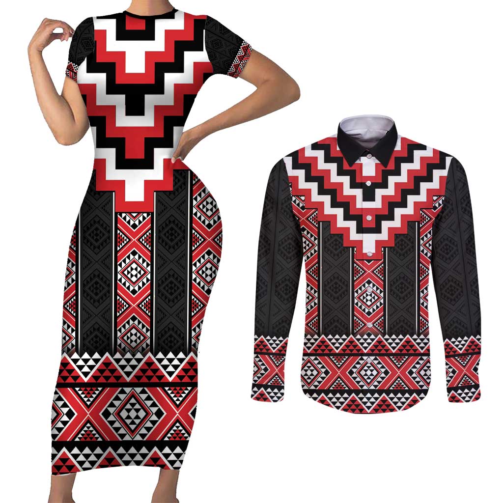 Red Taniko Aotearoa Couples Matching Short Sleeve Bodycon Dress and Long Sleeve Button Shirt Niho Taniwha Mix Poutama LT14 Red - Polynesian Pride