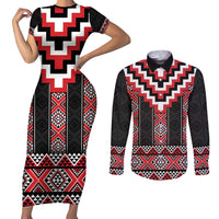Red Taniko Aotearoa Couples Matching Short Sleeve Bodycon Dress and Long Sleeve Button Shirt Niho Taniwha Mix Poutama LT14 Red - Polynesian Pride