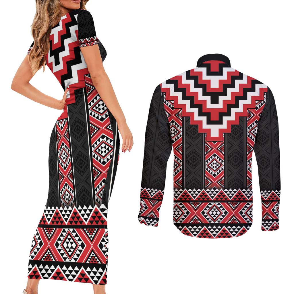 Red Taniko Aotearoa Couples Matching Short Sleeve Bodycon Dress and Long Sleeve Button Shirt Niho Taniwha Mix Poutama LT14 - Polynesian Pride
