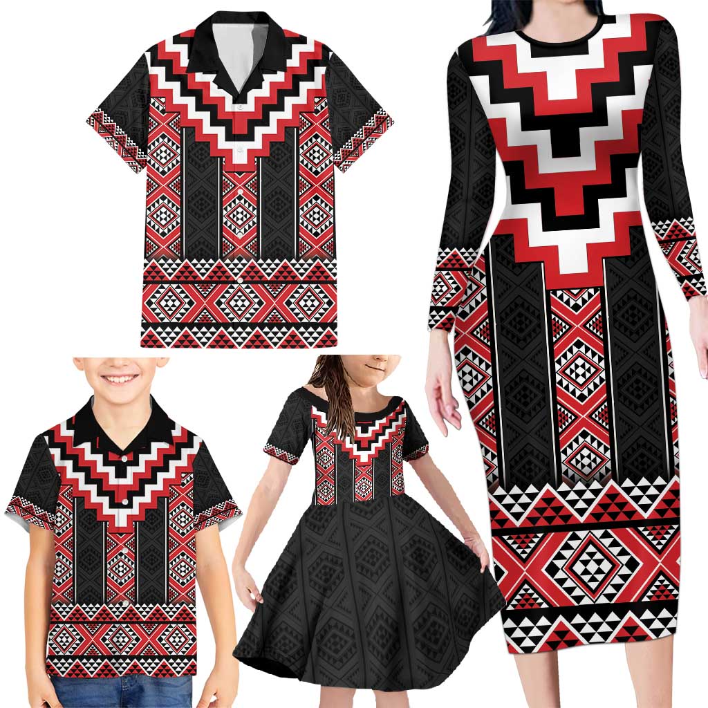 Red Taniko Aotearoa Family Matching Long Sleeve Bodycon Dress and Hawaiian Shirt Niho Taniwha Mix Poutama LT14 - Polynesian Pride