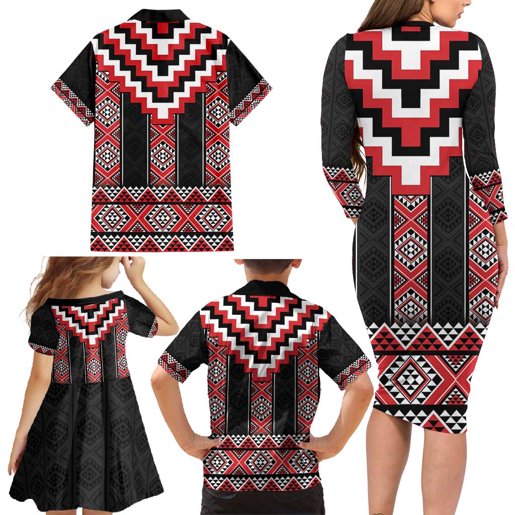 Red Taniko Aotearoa Family Matching Long Sleeve Bodycon Dress and Hawaiian Shirt Niho Taniwha Mix Poutama LT14 - Polynesian Pride