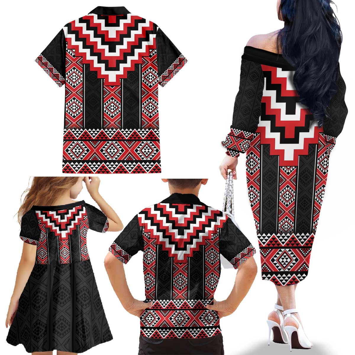 Red Taniko Aotearoa Family Matching Off The Shoulder Long Sleeve Dress and Hawaiian Shirt Niho Taniwha Mix Poutama LT14 - Polynesian Pride