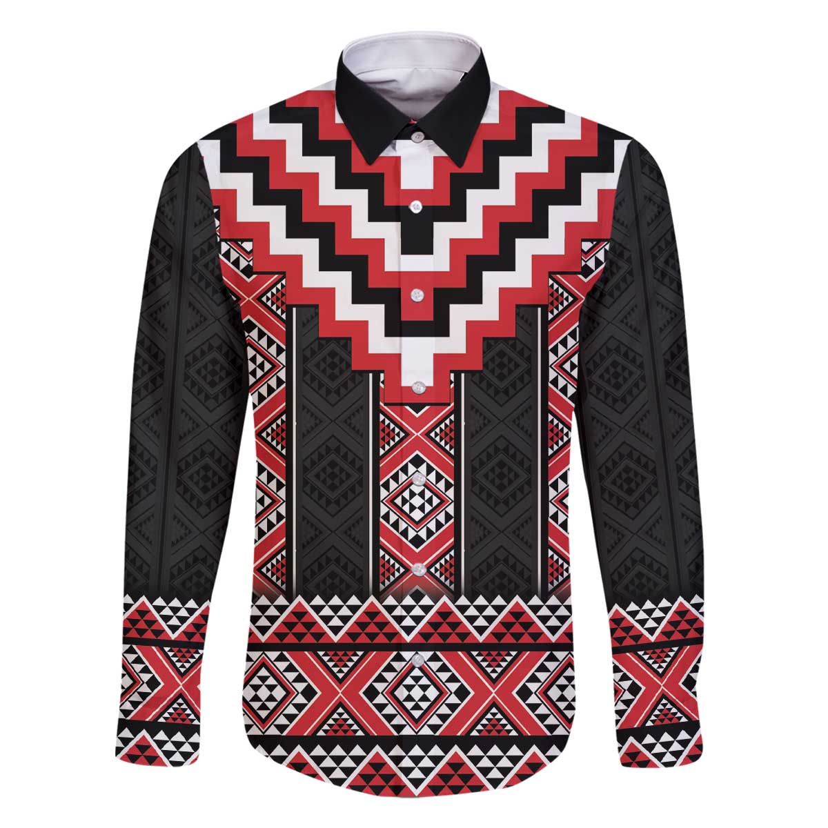 Red Taniko Aotearoa Family Matching Off The Shoulder Long Sleeve Dress and Hawaiian Shirt Niho Taniwha Mix Poutama LT14 Dad's Shirt - Long Sleeve Red - Polynesian Pride