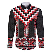 Red Taniko Aotearoa Family Matching Off The Shoulder Long Sleeve Dress and Hawaiian Shirt Niho Taniwha Mix Poutama LT14 Dad's Shirt - Long Sleeve Red - Polynesian Pride