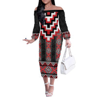 Red Taniko Aotearoa Family Matching Off The Shoulder Long Sleeve Dress and Hawaiian Shirt Niho Taniwha Mix Poutama LT14 Mom's Dress Red - Polynesian Pride