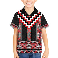 Red Taniko Aotearoa Family Matching Off The Shoulder Long Sleeve Dress and Hawaiian Shirt Niho Taniwha Mix Poutama LT14 Son's Shirt Red - Polynesian Pride