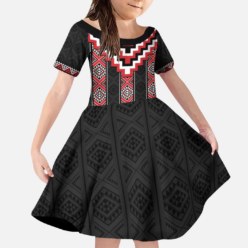Red Taniko Aotearoa Family Matching Off Shoulder Maxi Dress and Hawaiian Shirt Niho Taniwha Mix Poutama LT14 Daughter's Dress Red - Polynesian Pride