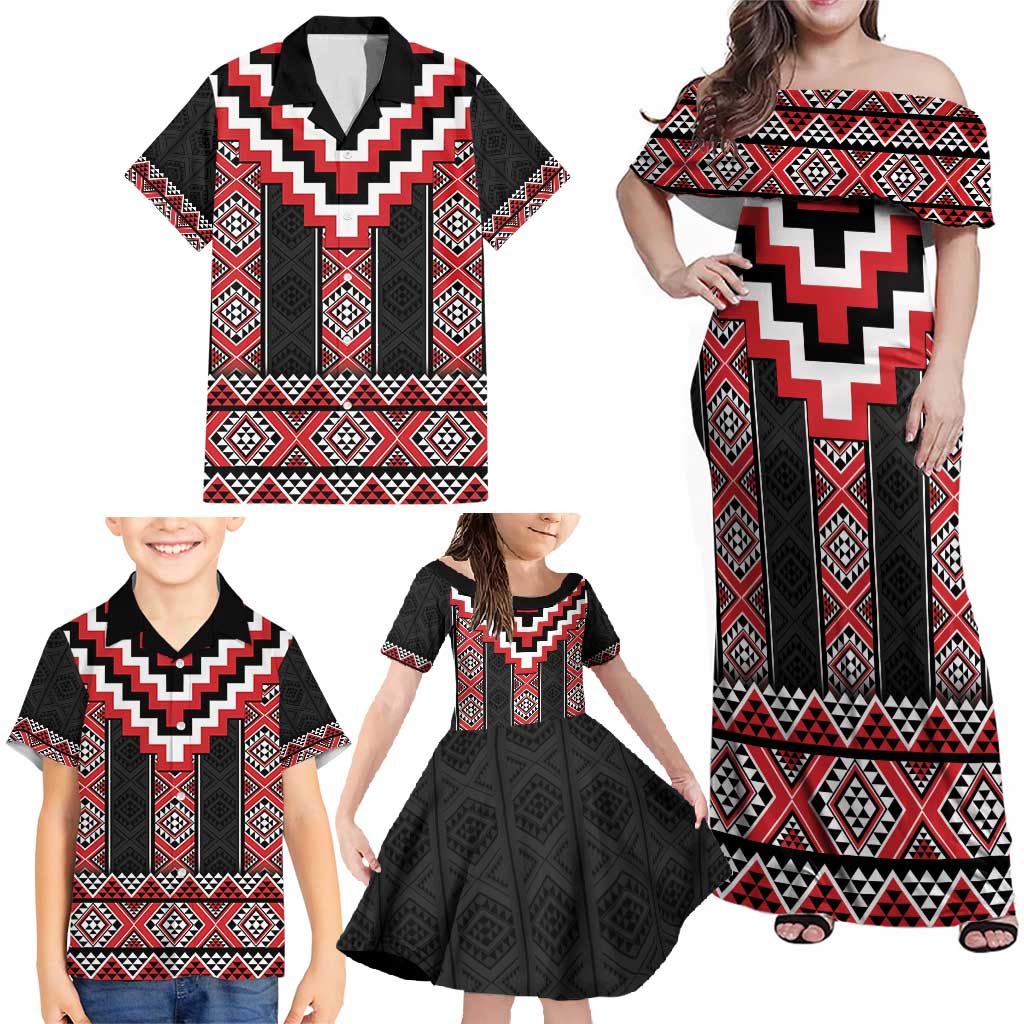 Red Taniko Aotearoa Family Matching Off Shoulder Maxi Dress and Hawaiian Shirt Niho Taniwha Mix Poutama LT14 - Polynesian Pride