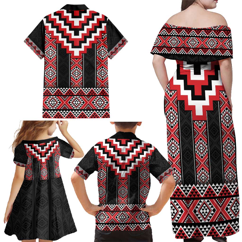 Red Taniko Aotearoa Family Matching Off Shoulder Maxi Dress and Hawaiian Shirt Niho Taniwha Mix Poutama LT14 - Polynesian Pride