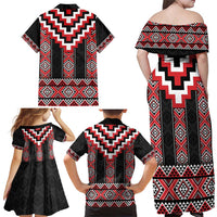 Red Taniko Aotearoa Family Matching Off Shoulder Maxi Dress and Hawaiian Shirt Niho Taniwha Mix Poutama LT14 - Polynesian Pride