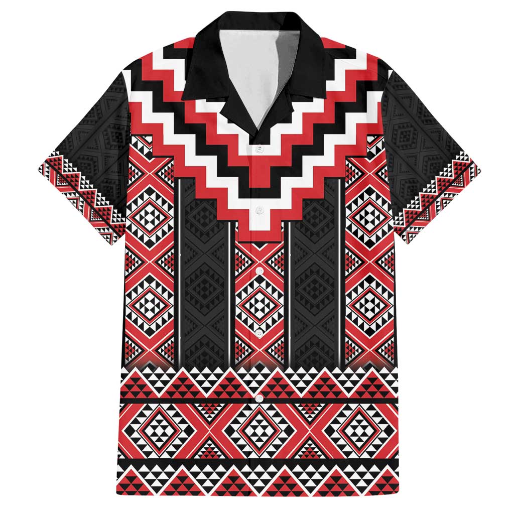 Red Taniko Aotearoa Family Matching Off Shoulder Maxi Dress and Hawaiian Shirt Niho Taniwha Mix Poutama LT14 Dad's Shirt - Short Sleeve Red - Polynesian Pride