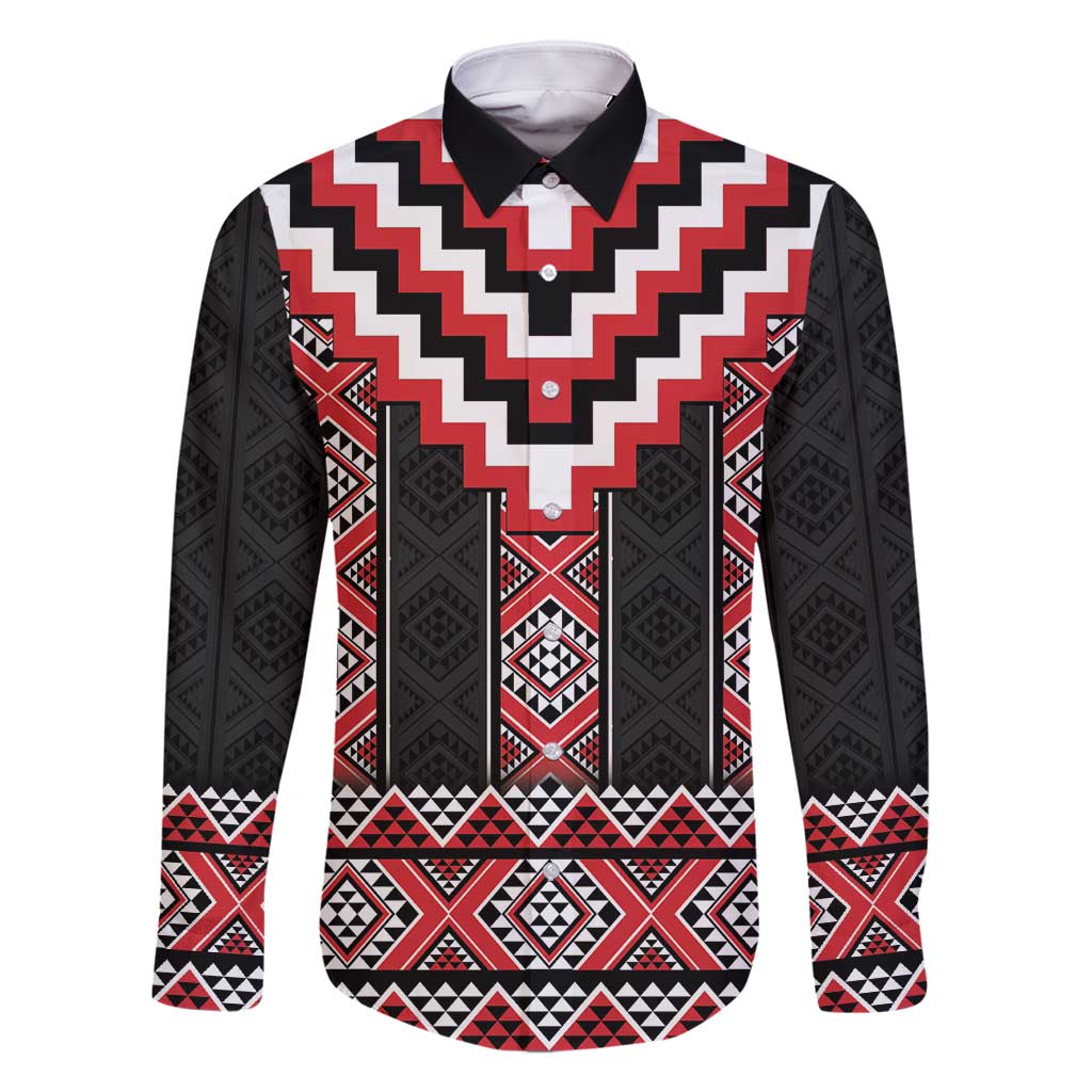 Red Taniko Aotearoa Family Matching Off Shoulder Maxi Dress and Hawaiian Shirt Niho Taniwha Mix Poutama LT14 Dad's Shirt - Long Sleeve Red - Polynesian Pride
