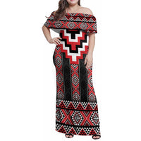 Red Taniko Aotearoa Family Matching Off Shoulder Maxi Dress and Hawaiian Shirt Niho Taniwha Mix Poutama LT14 Mom's Dress Red - Polynesian Pride