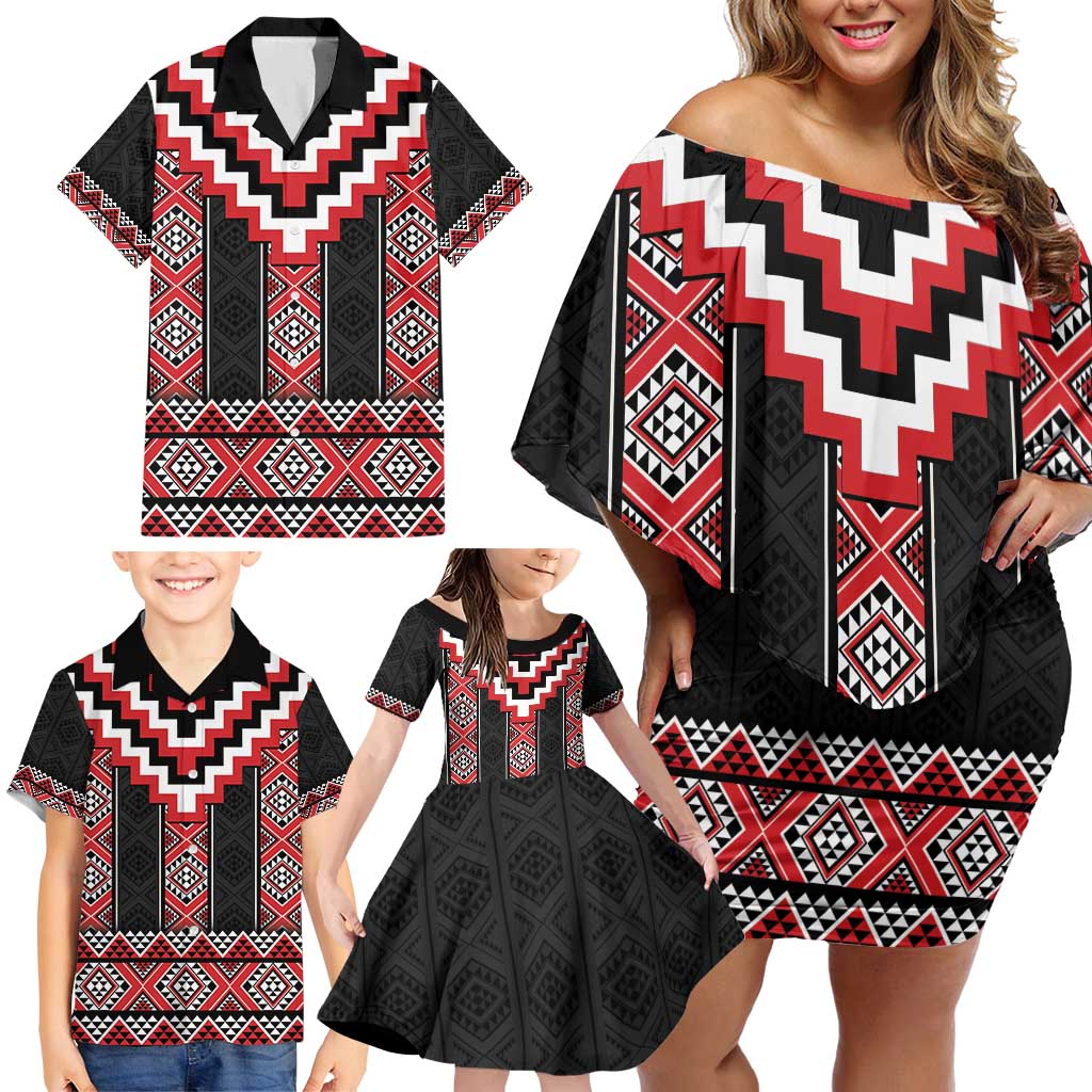 Red Taniko Aotearoa Family Matching Off Shoulder Short Dress and Hawaiian Shirt Niho Taniwha Mix Poutama LT14 - Polynesian Pride