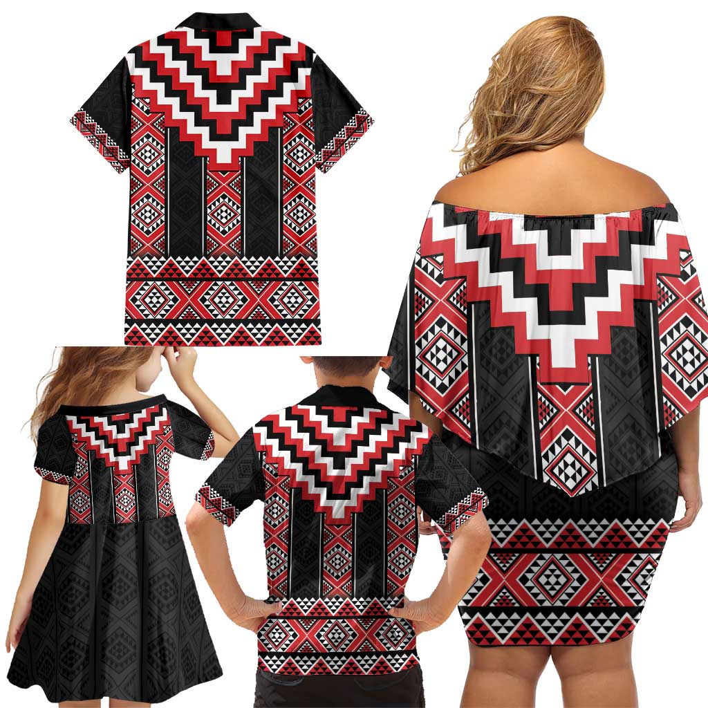 Red Taniko Aotearoa Family Matching Off Shoulder Short Dress and Hawaiian Shirt Niho Taniwha Mix Poutama LT14 - Polynesian Pride