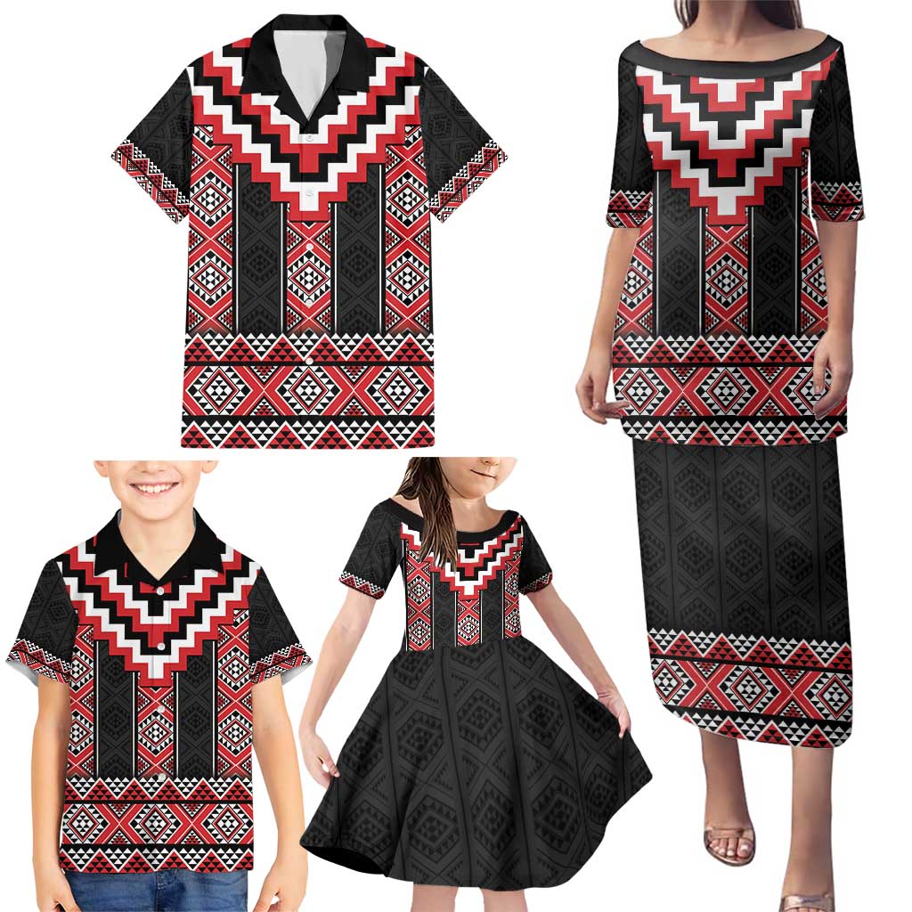 Red Taniko Aotearoa Family Matching Puletasi and Hawaiian Shirt Niho Taniwha Mix Poutama LT14 - Polynesian Pride