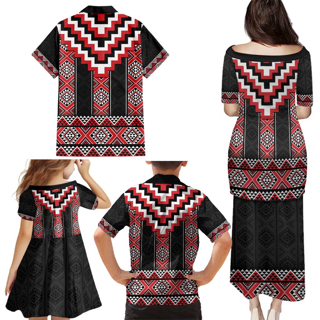 Red Taniko Aotearoa Family Matching Puletasi and Hawaiian Shirt Niho Taniwha Mix Poutama LT14 - Polynesian Pride