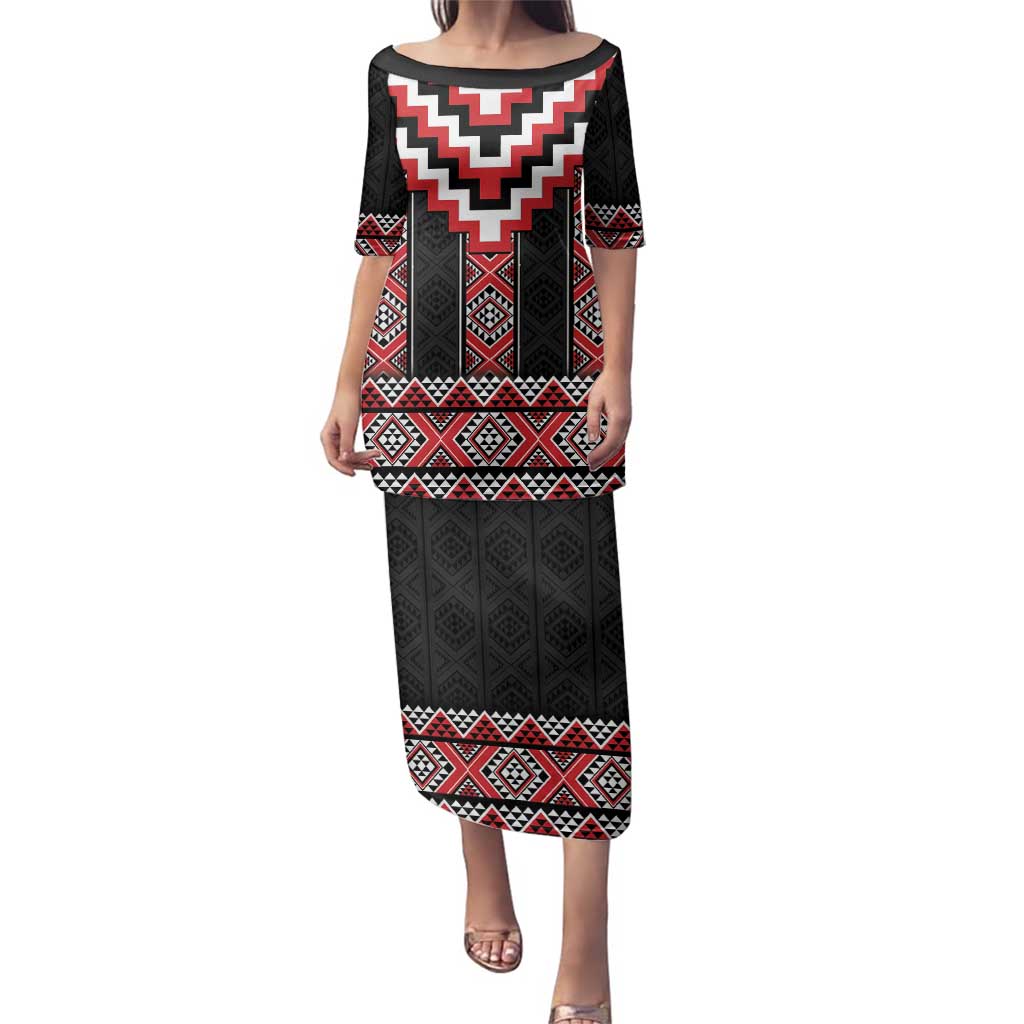 Red Taniko Aotearoa Family Matching Puletasi and Hawaiian Shirt Niho Taniwha Mix Poutama LT14 Mom's Dress Red - Polynesian Pride