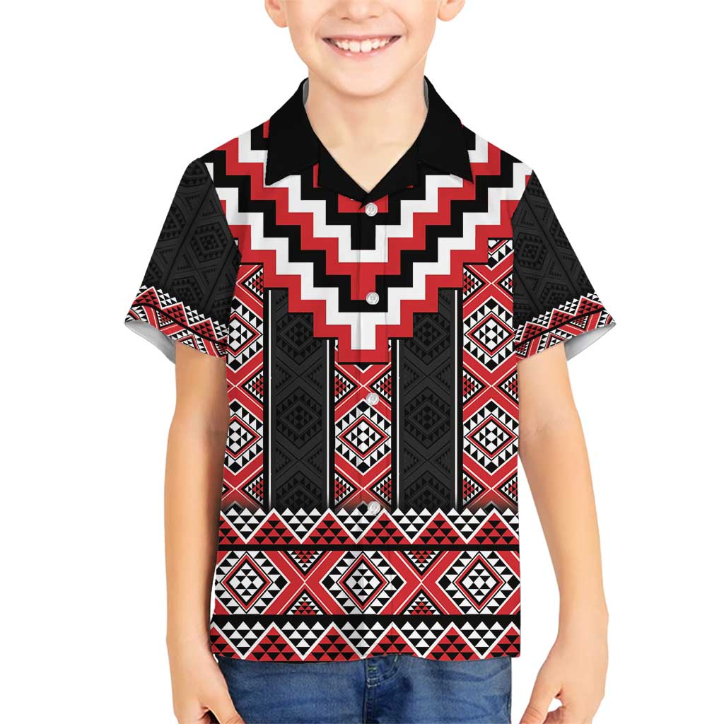Red Taniko Aotearoa Family Matching Puletasi and Hawaiian Shirt Niho Taniwha Mix Poutama LT14 Son's Shirt Red - Polynesian Pride