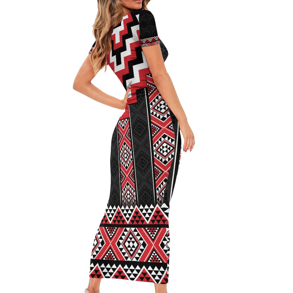 Red Taniko Aotearoa Family Matching Short Sleeve Bodycon Dress and Hawaiian Shirt Niho Taniwha Mix Poutama LT14 - Polynesian Pride