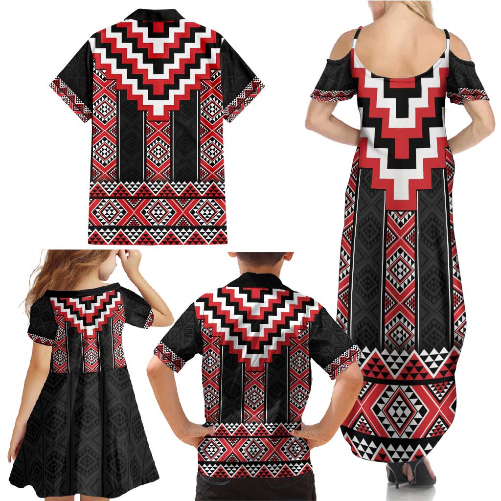 Red Taniko Aotearoa Family Matching Summer Maxi Dress and Hawaiian Shirt Niho Taniwha Mix Poutama LT14 - Polynesian Pride