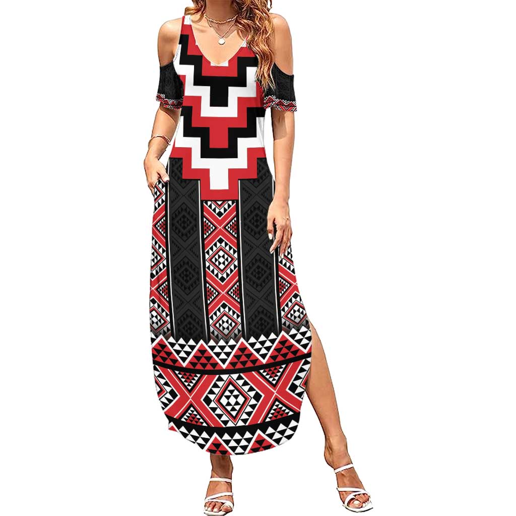 Red Taniko Aotearoa Family Matching Summer Maxi Dress and Hawaiian Shirt Niho Taniwha Mix Poutama LT14 Mom's Dress Red - Polynesian Pride