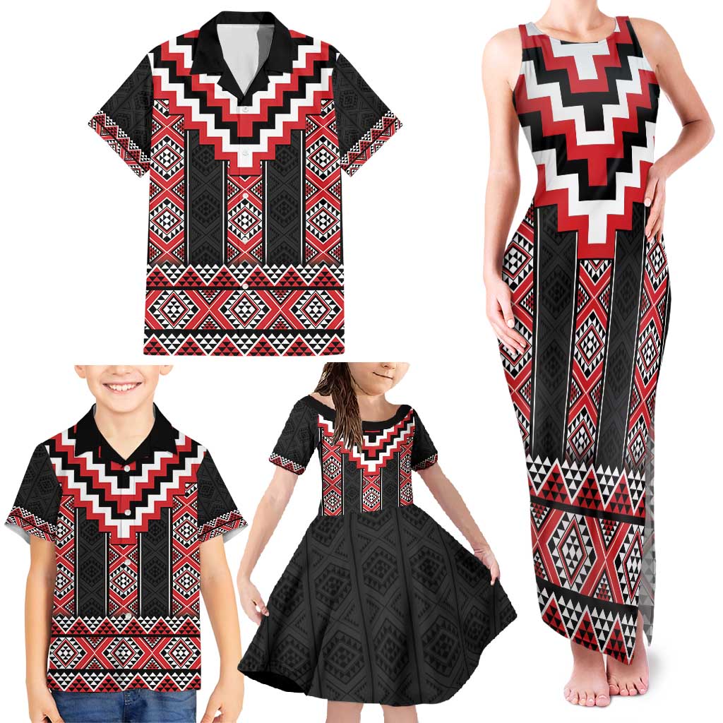 Red Taniko Aotearoa Family Matching Tank Maxi Dress and Hawaiian Shirt Niho Taniwha Mix Poutama LT14 - Polynesian Pride