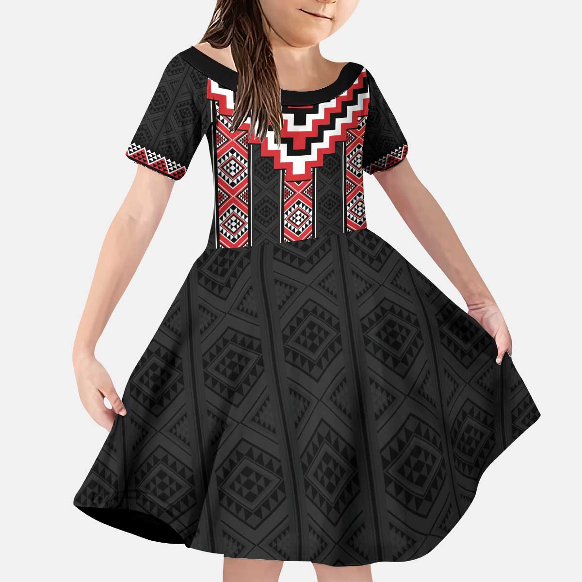 Red Taniko Aotearoa Kid Short Sleeve Dress Niho Taniwha Mix Poutama LT14 KID Red - Polynesian Pride
