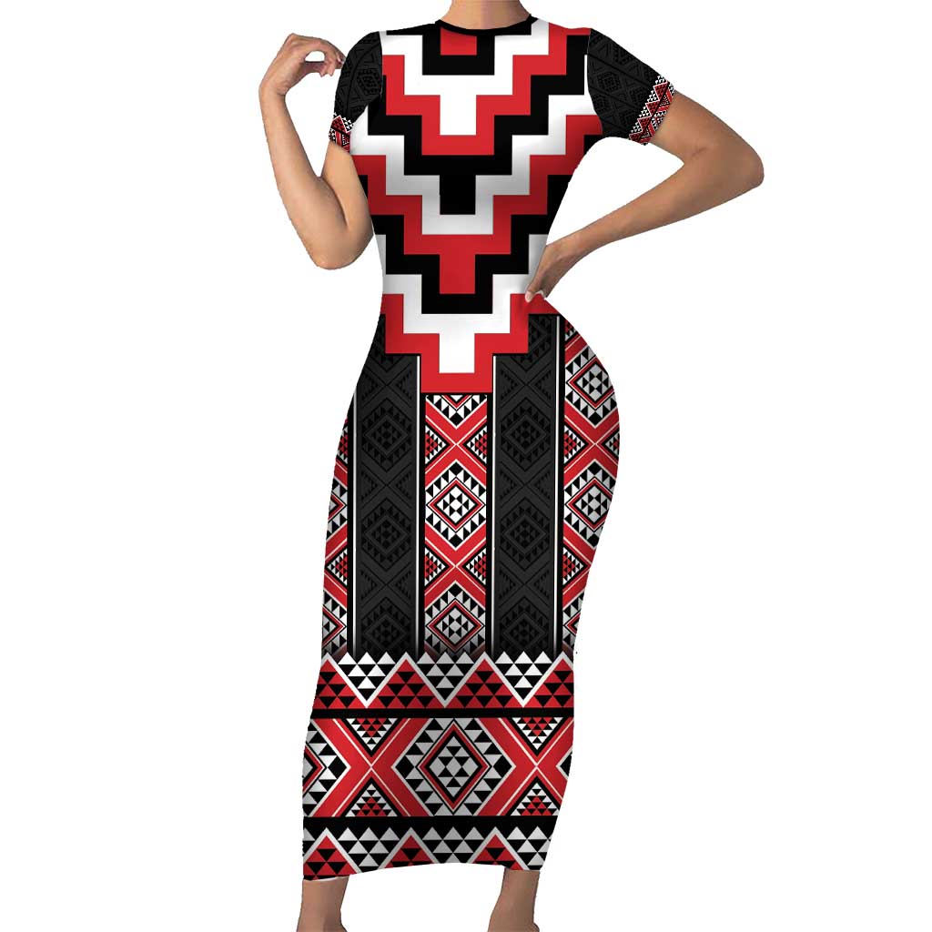 Red Taniko Aotearoa Short Sleeve Bodycon Dress Niho Taniwha Mix Poutama LT14 Long Dress Red - Polynesian Pride