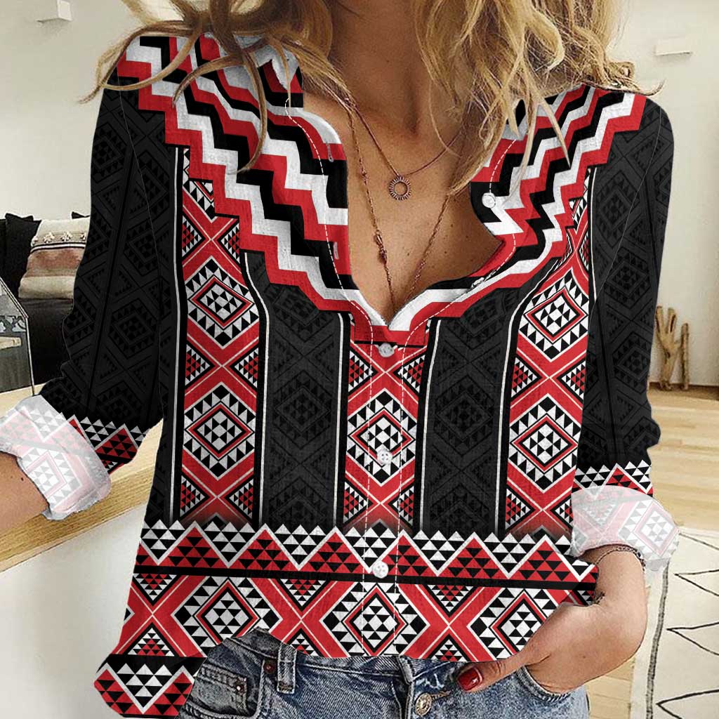Red Taniko Aotearoa Women Casual Shirt Niho Taniwha Mix Poutama LT14 Female Red - Polynesian Pride