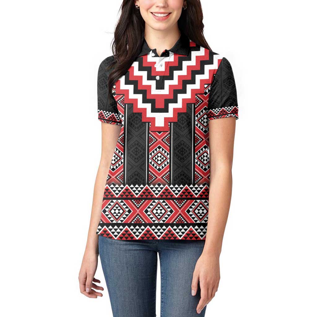 Red Taniko Aotearoa Women Polo Shirt Niho Taniwha Mix Poutama LT14