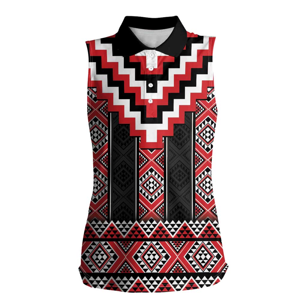 Red Taniko Aotearoa Women Sleeveless Polo Shirt Niho Taniwha Mix Poutama LT14 Female Red - Polynesian Pride