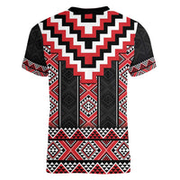 Red Taniko Aotearoa Women V-Neck T-Shirt Niho Taniwha Mix Poutama LT14
