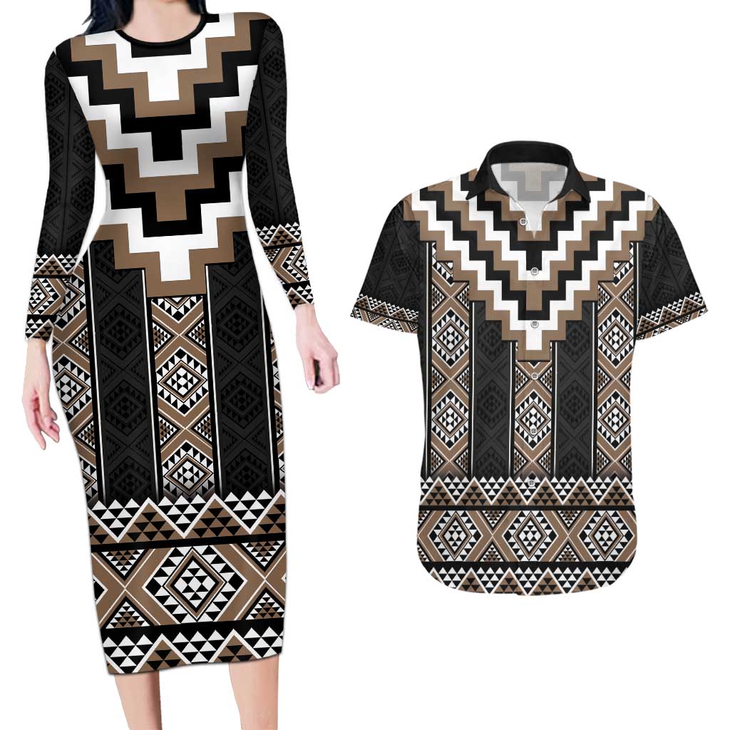 Brown Taniko Aotearoa Couples Matching Long Sleeve Bodycon Dress and Hawaiian Shirt Niho Taniwha Mix Poutama LT14 Brown - Polynesian Pride
