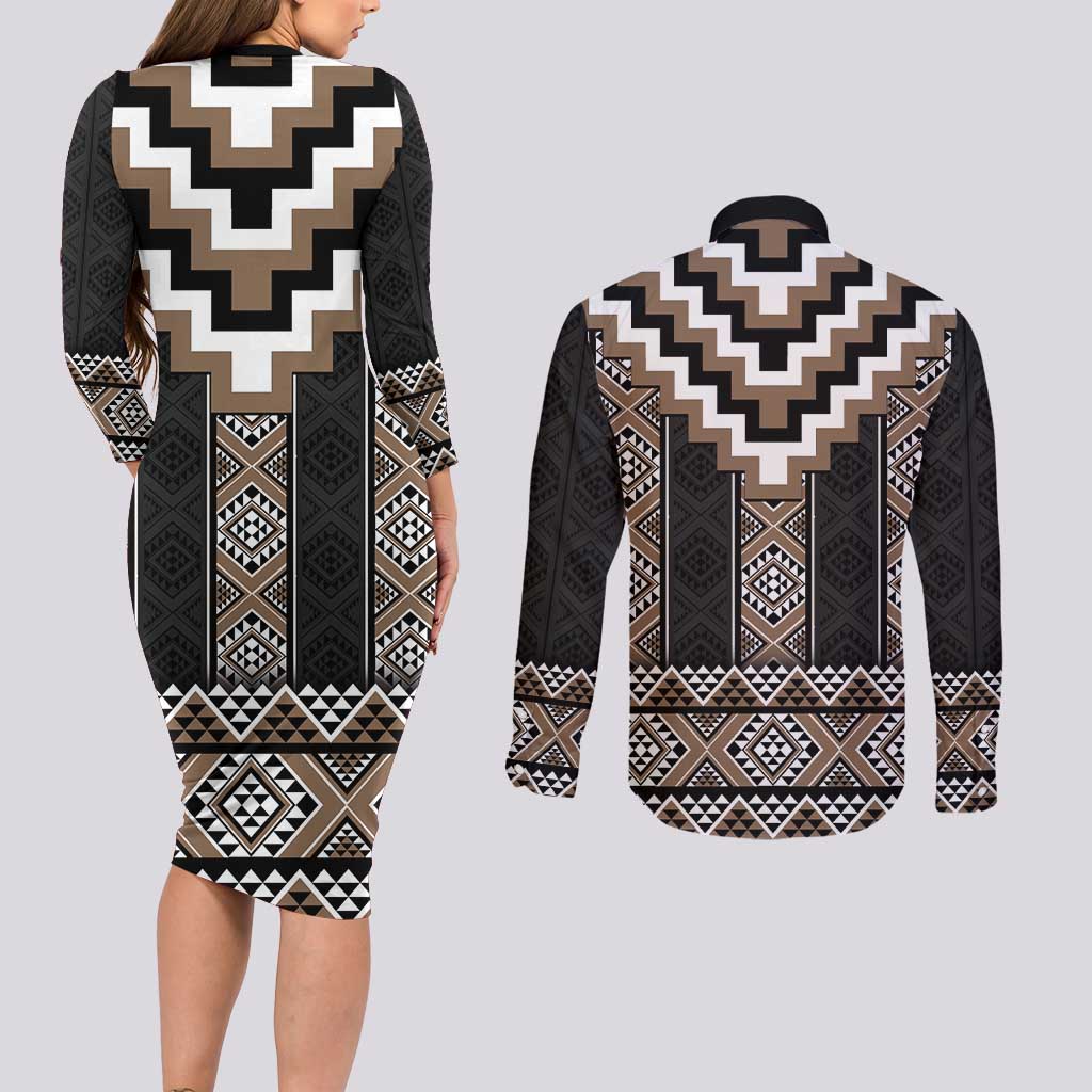 Brown Taniko Aotearoa Couples Matching Long Sleeve Bodycon Dress and Long Sleeve Button Shirt Niho Taniwha Mix Poutama LT14 - Polynesian Pride