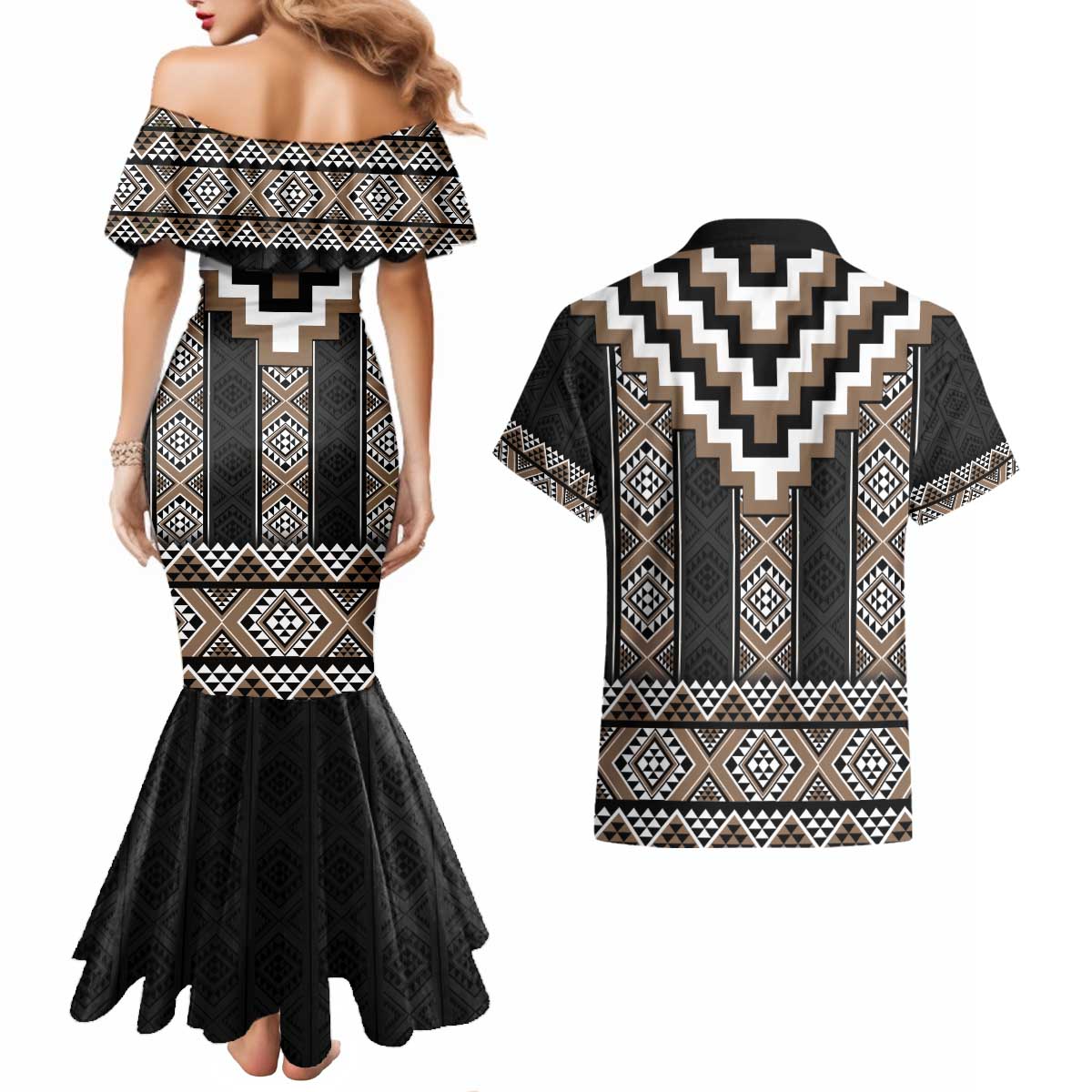 Brown Taniko Aotearoa Couples Matching Mermaid Dress and Hawaiian Shirt Niho Taniwha Mix Poutama LT14 - Polynesian Pride